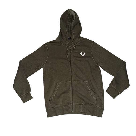 True Religion Budda Logo Seal Full Zip Hoodie Olive Green Stretch Size Large - Picture 2 of 7